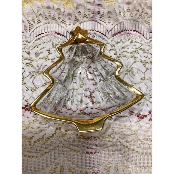 Vintage Christmas Tree Shaped Trinket Dish Clear Glass with Gold Trim - Picture 1 of 7